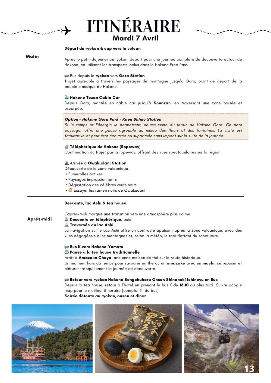 Page d'itinéraire détaillé d'une journée au Japon
